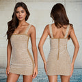 C7197 cross-border   fashion women's sexy rhinestone one-piece dress with arm sleeves