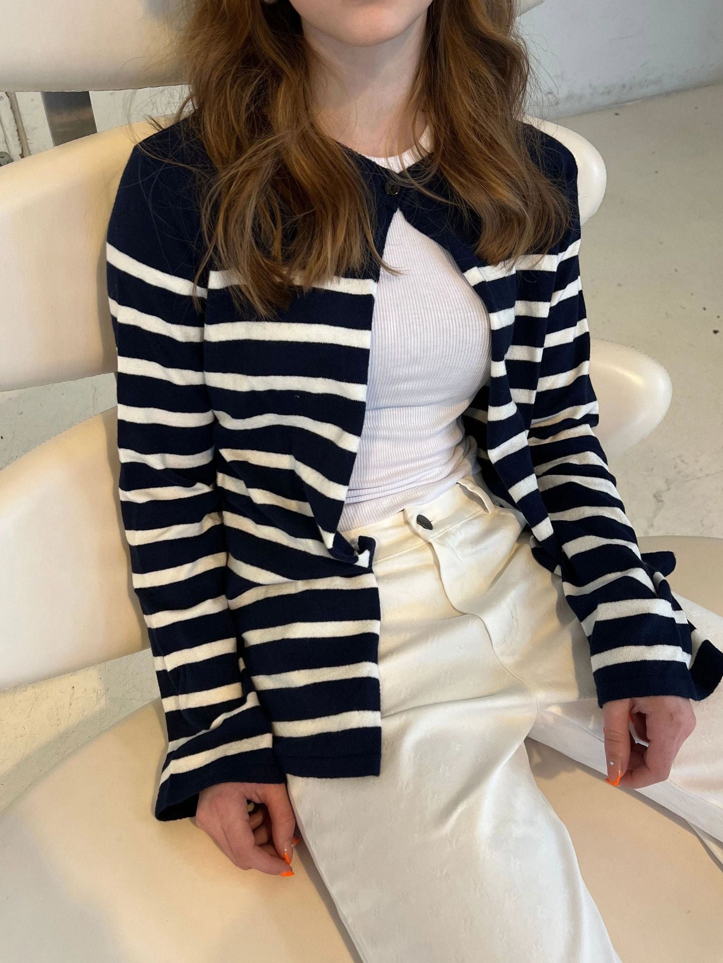 Cross-border striped knitted cardigan women's Europe, America 2025 autumn and winter new single-button cardigan sweater striped sweater women