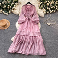 French sweet style lantern sleeve dress - women's spring korean style tie-waist slimming a-line elegant long dress - pink