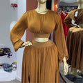 European and american women's clothing  autumn new collection: sweet and fresh round neck lantern sleeve blouse with high-waisted a-line midi skirt two-piece set
