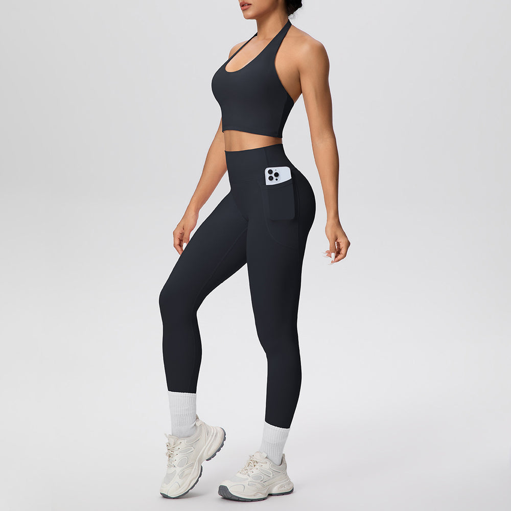 New women's solid color brushed halter tank top and pocket pants yoga set - two-piece activewear for running and fitness
