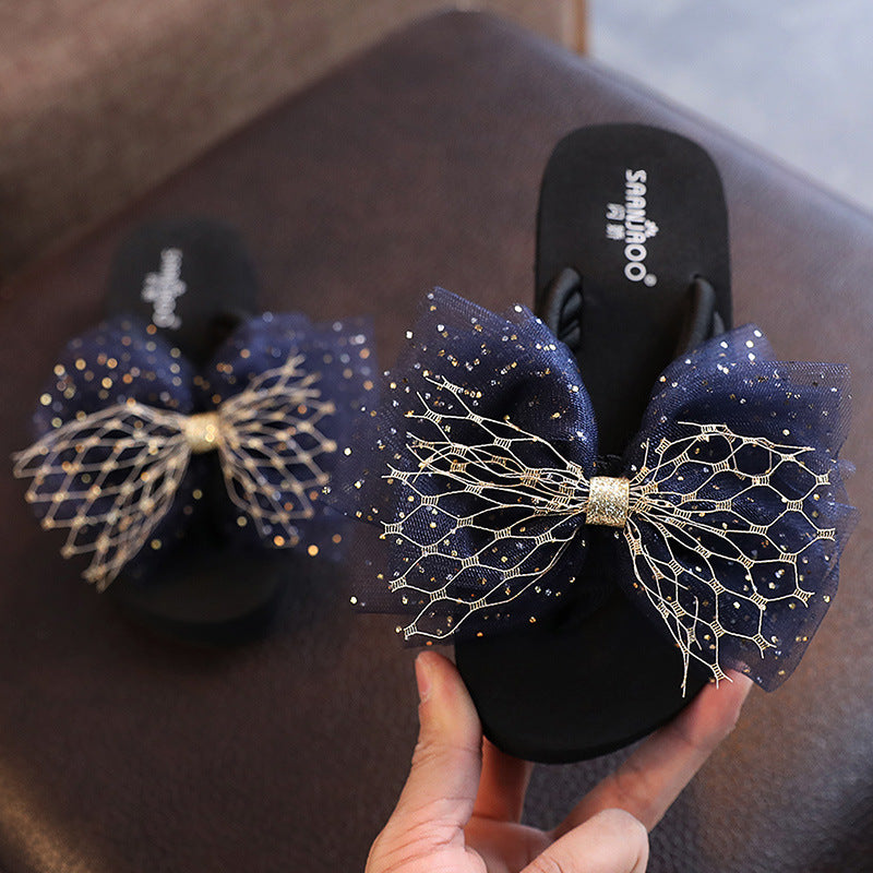 2025 new fashionable parent-child summer outdoor slippers, girls' holiday sandals, bowknot baby flip-flops