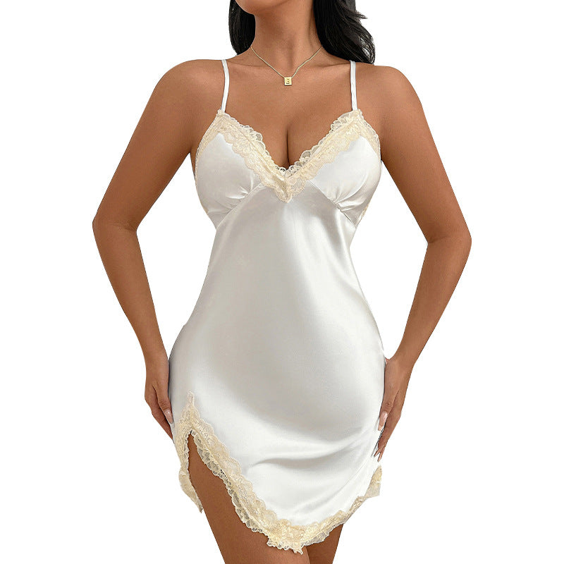 Ruihu  European and American sexy suspender dress 2025 new   simulation silk lace nightdress women