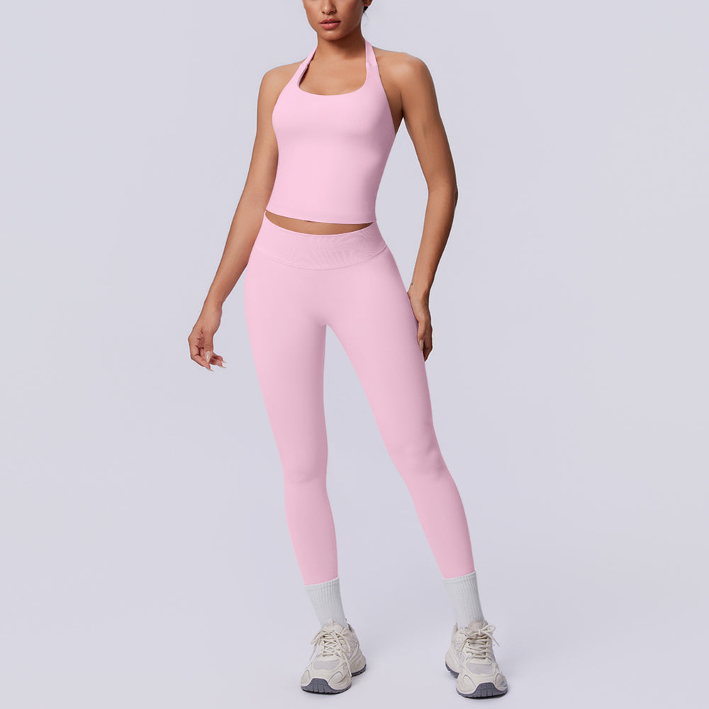 New arrival cross-border seamless pure color halter back tight-fitting suit sports running fitness yoga clothes two-piece set