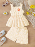Summer girls' tank top set - korean style floral embroidery print, ruffle hem, sky blue two-piece outfit for kids