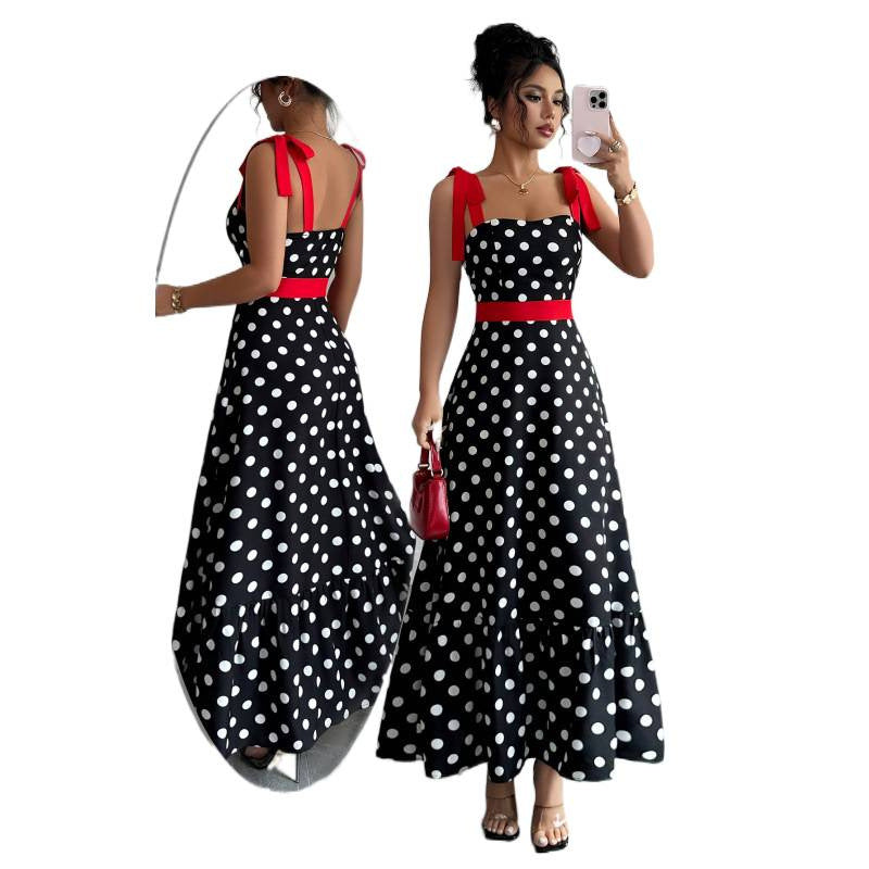 Women's french chic polka dot color block patchwork a-line maxi slip dress - perfect for dates & vacations