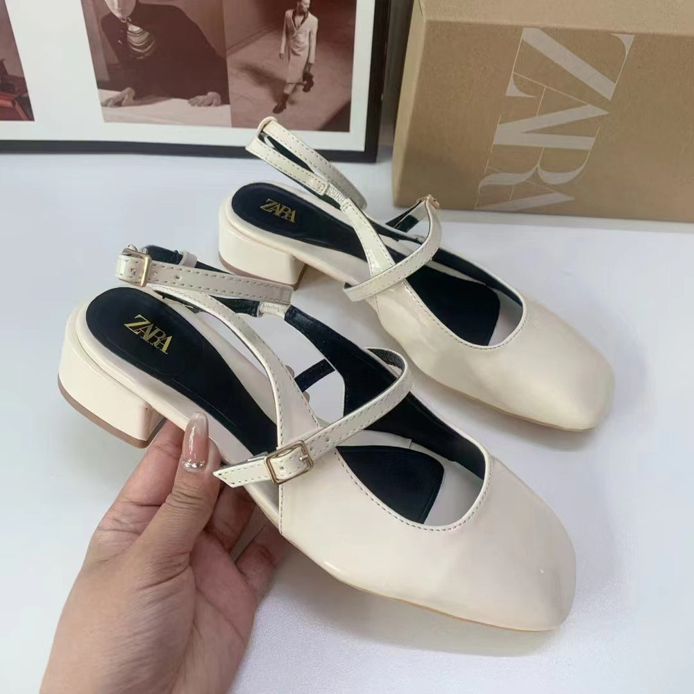 Za spring new 2024 fashion square toe mary jane single strap buckle back strap open heel chunky heel sandals for women