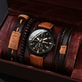 Black dial rose gold lettering brown leather strap + brown bracelet set