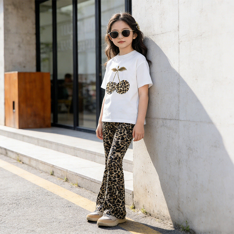 Girls' two-piece summer outfit: lightweight casual leopard print fashion set for girls,  new short-sleeve printed set
