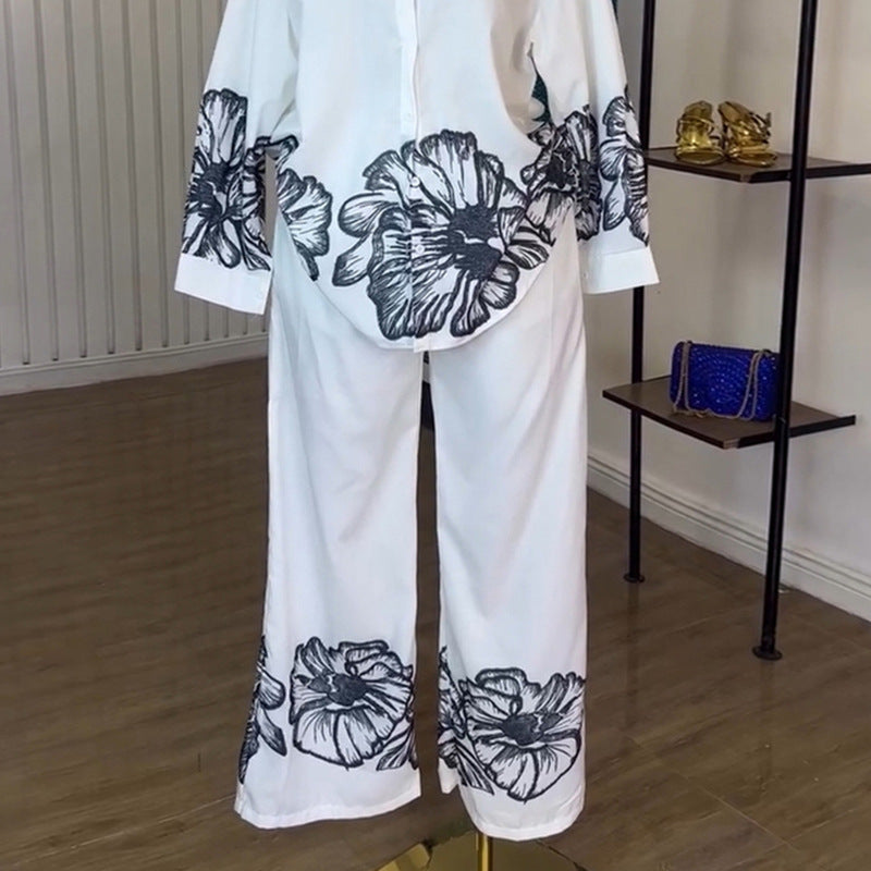 European and american cross-border women's fashion:  autumn new collection - trendy printed oversized long sleeve shirt and wide leg casual pants set