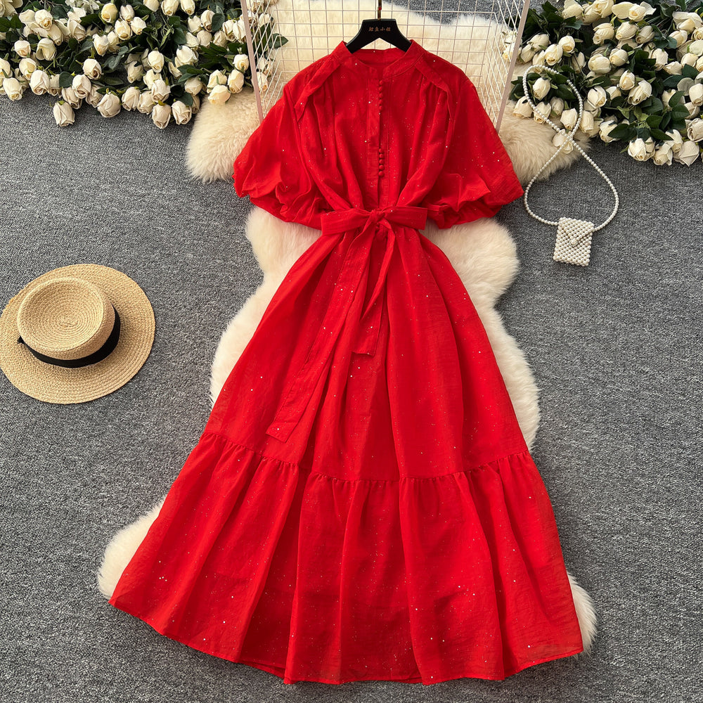 French fashion stand collar lantern sleeve tie-waist dress - slimming, elegant, sparkling ruffle hem maxi dress
