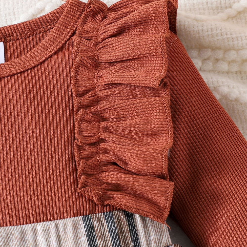 Children's clothing cross-border european and american girls brown color long-sleeved plaid khaki