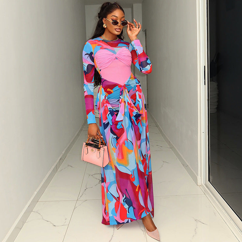 European and american cross-border african women's clothing  spring new arrival: elegant round neck printed patchwork design long dress