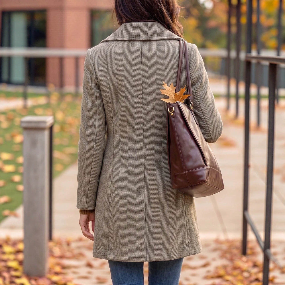 Fashionfall and winter style women's outwear herringbone pattern large lapel single breasted flap pocket pants design slimming lookwoolen coat supply