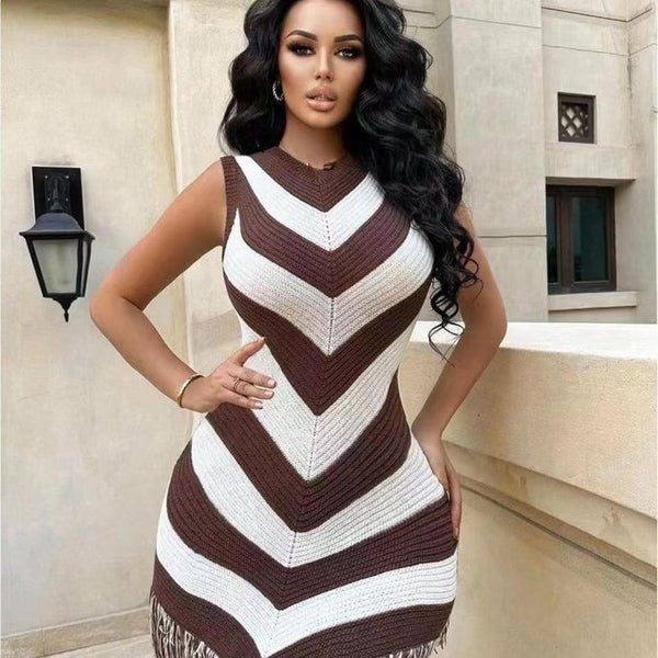 Travel and vacation wear women's clothing skirt summer color matching rhombus pattern slim and thin irregular fringed dress