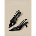 2025 spring new arrivals: chic black patent leather pointed-toe heeled sandals with unique heel design - supermodel-inspired fashion footwear
