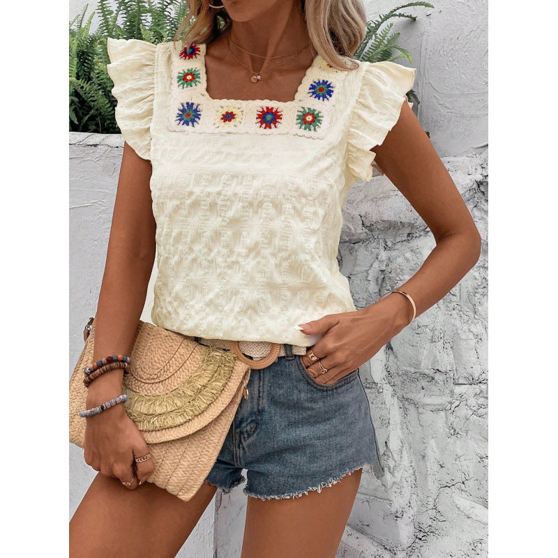 Ready-to-ship, export-quality, 1688 square-neck, crochet-trimmed, flutter-sleeve, solid-color women's top