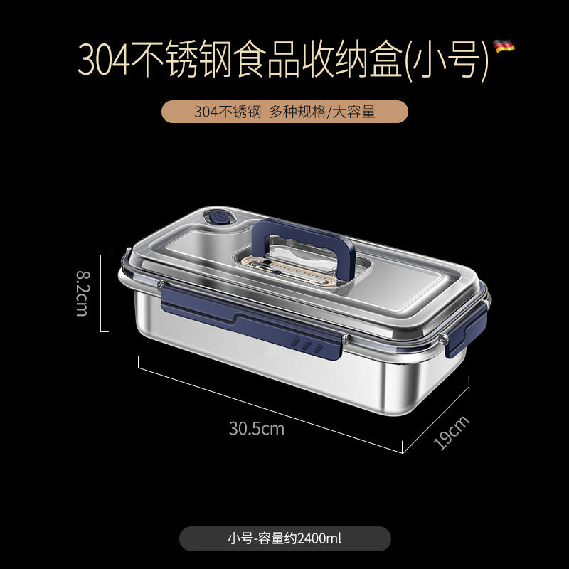 304 stainless steel handle fresh-keeping box, large capacity, portable and portable box with lid, refrigerator frozen and sealed storage box.