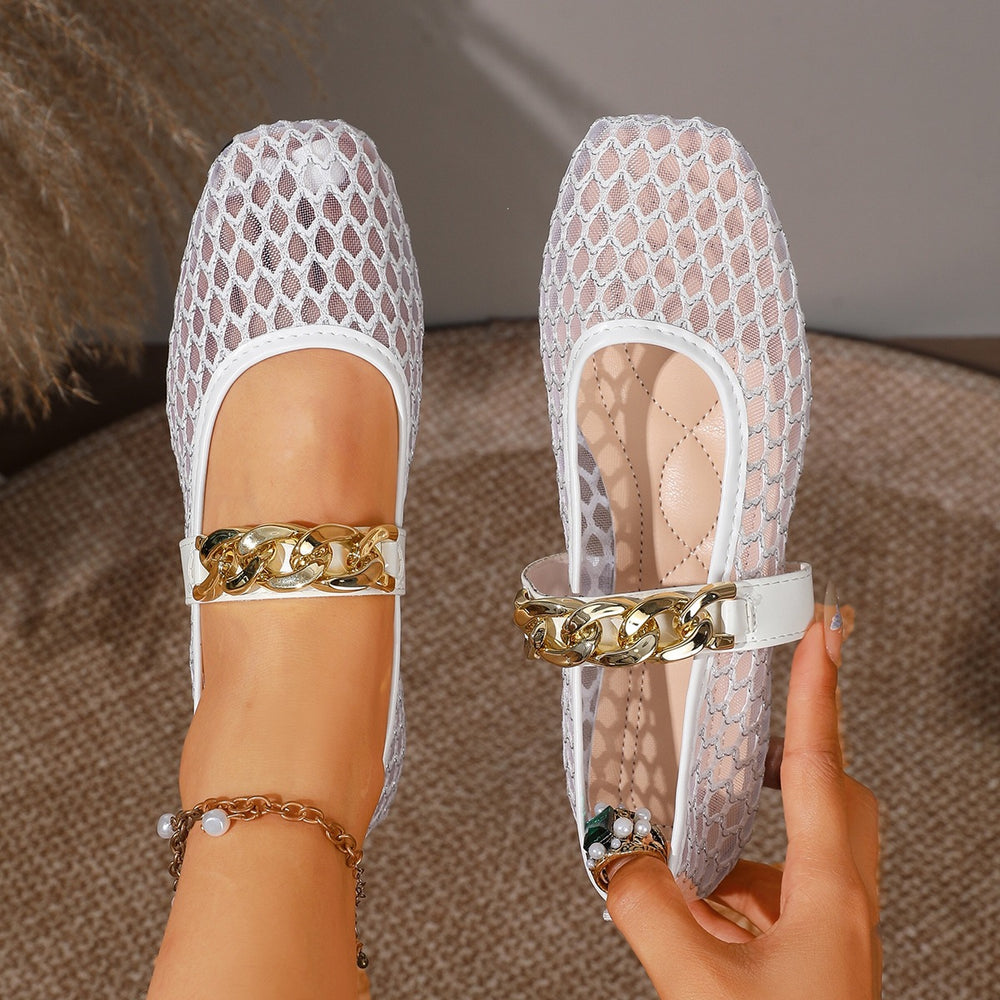 Exportplus size spring and summer new arrival soft bottom breathable mesh flats women's flatscut out metal chain casual mesh shoes