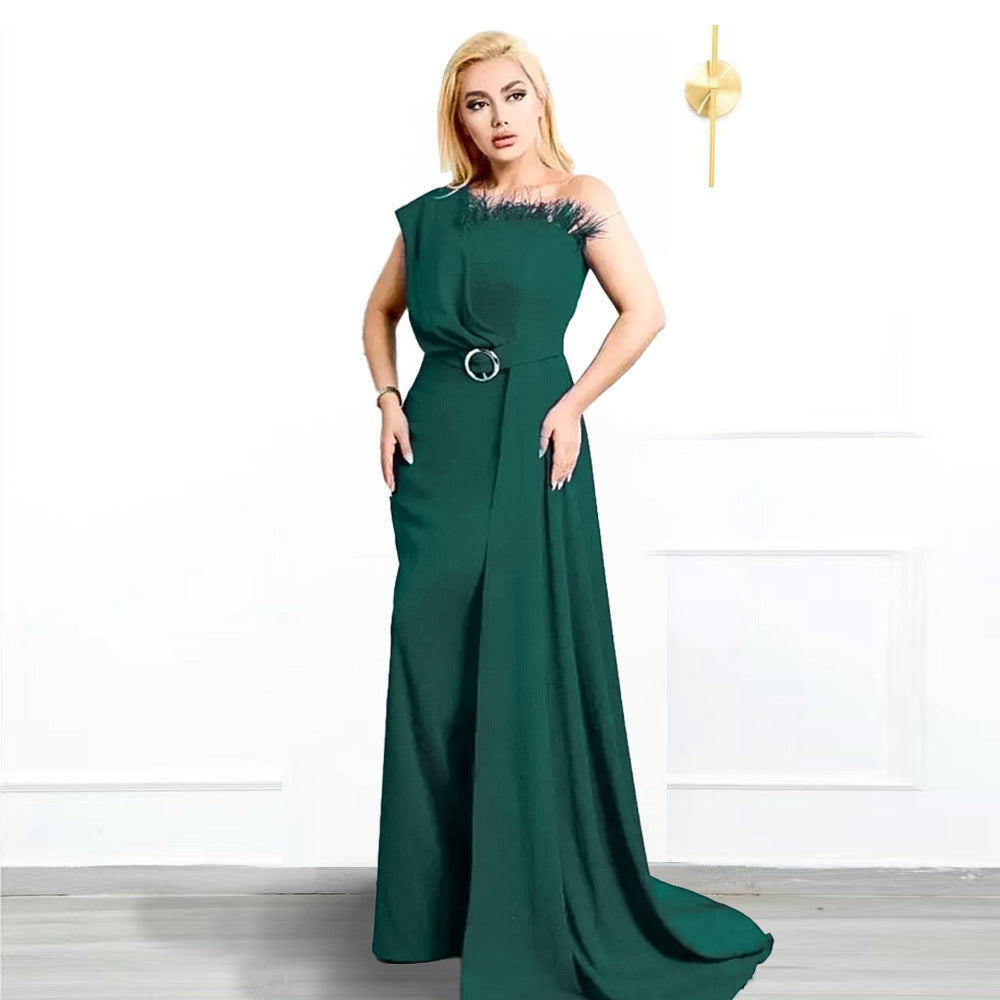 Plus size women's clothing from europe, america, and africa -  one-shoulder feather maxi dress for banquets, bridesmaids, weddings, and evening events