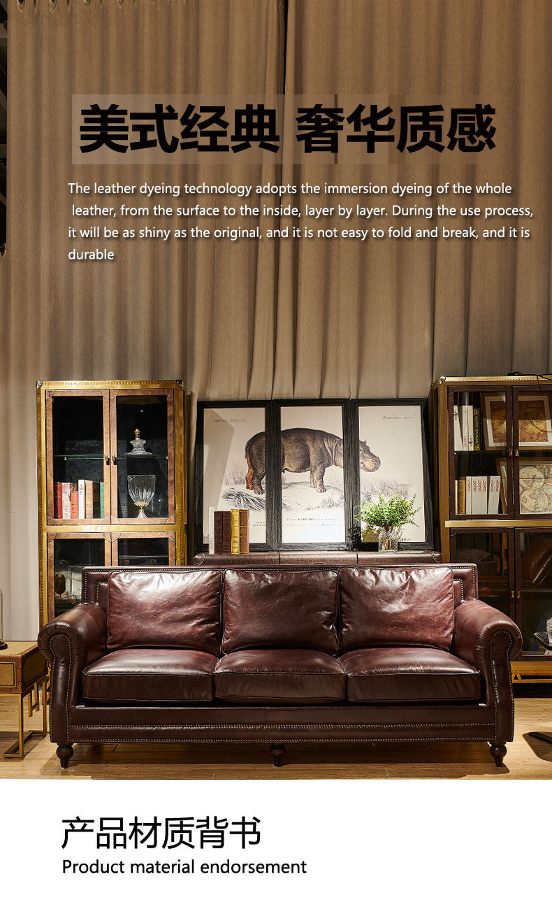Second-hand style european and american style genuine leather sofa living room retro oil wax first layer cowhide straight row down living room rivet sofa
