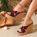 2026 korean style patent leather spring platform wine red ultra high heel sandals vacation chunky sole wedge heel height increasing slides