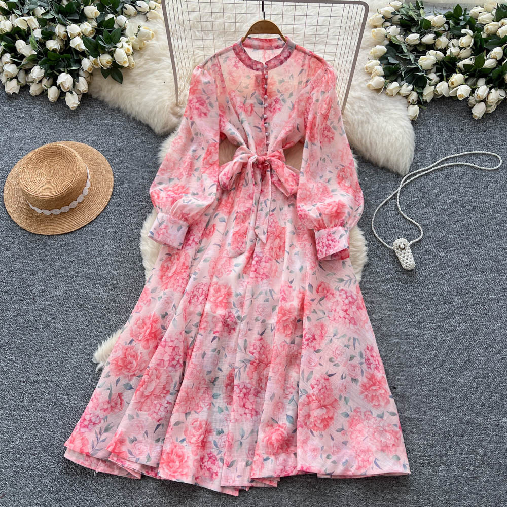 French chic elegant dress - women's autumn  collection: court style, tie-waist, slimming, single-breasted, printed maxi dress