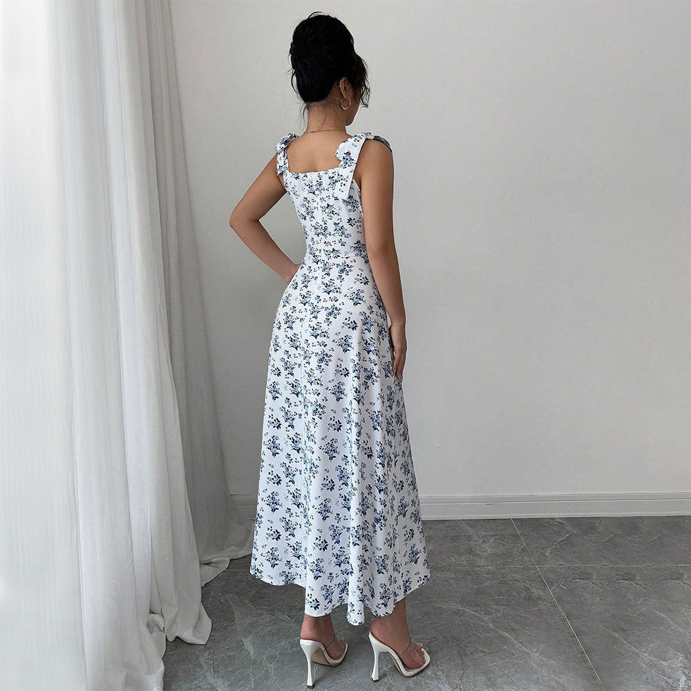 Hot-selling independent station cross-border women's clothing sweet square neck dresssummer floral design suspender slit long skirt