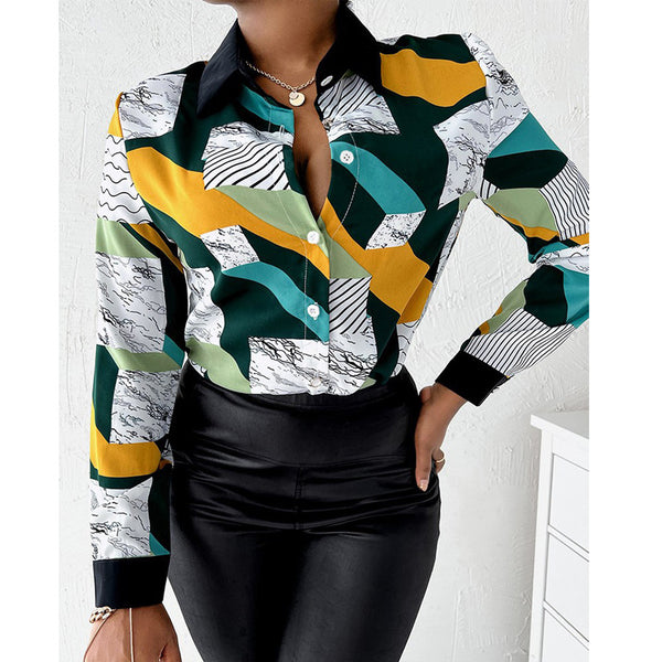 Spot European and American  women's  shirt long-sleeved spring and autumn top wish lapel button printed shirt women