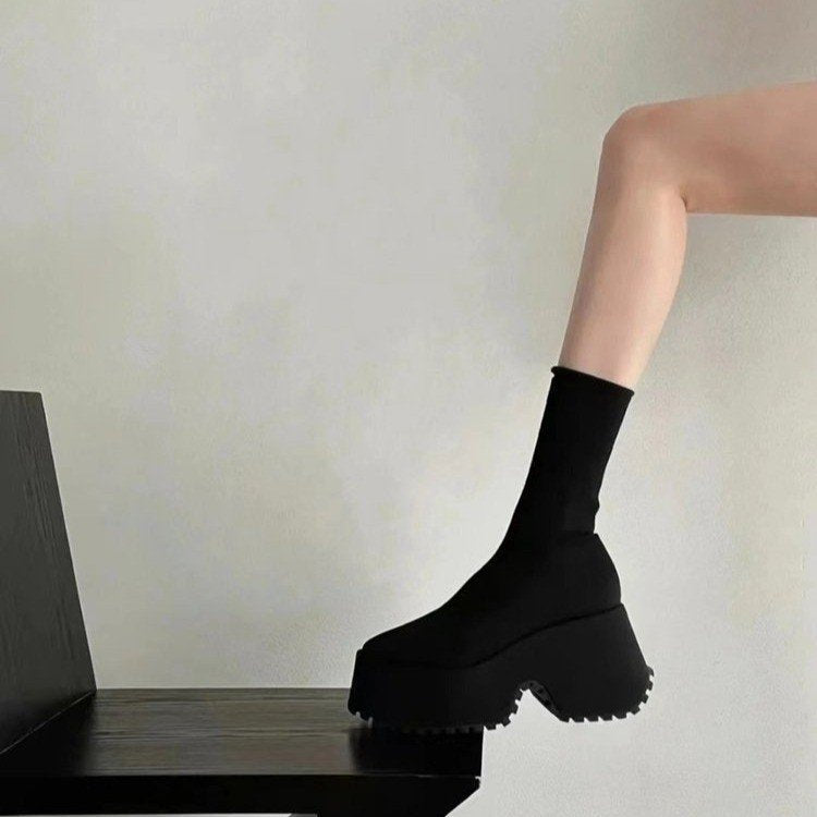 foreign trade large size  new thick heel knitted elastic boots women's high heel two-wear elastic woolen cotton boots 42 size