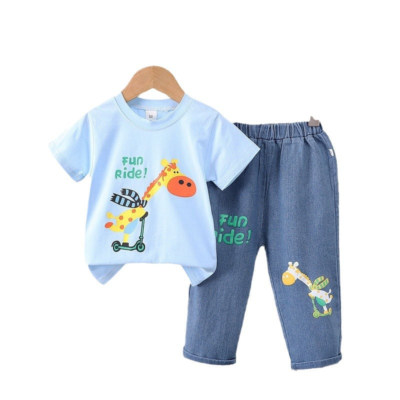 Kids' summer casual outfit: cartoon giraffe print t-shirt + denim shorts two-piece set - wholesale