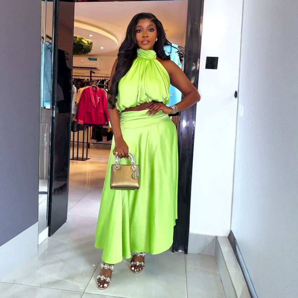 European and american cross-border women's fashion:  summer new collection - stylish halter neck sleeveless top and high-waisted midi skirt set