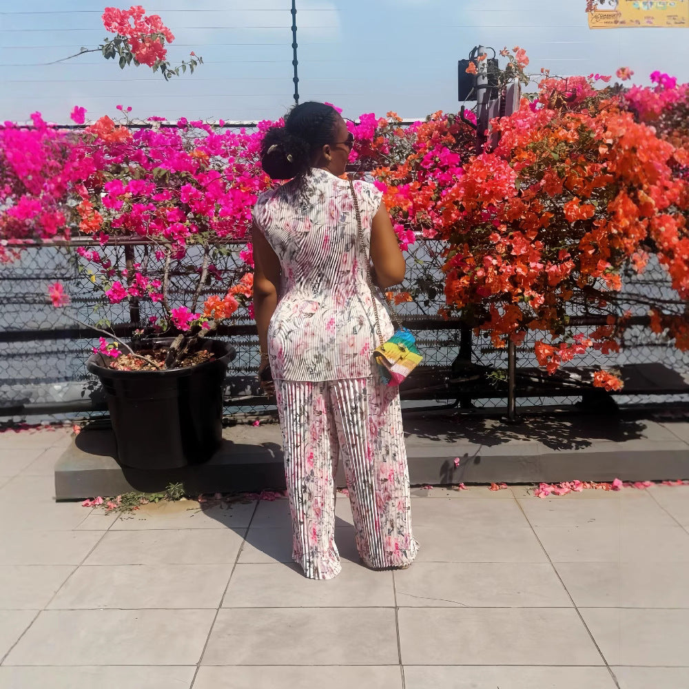 European and american cross-border women's fashion:  spring new arrival - pleated round neck flutter sleeve fashion print wide-leg pants two-piece set