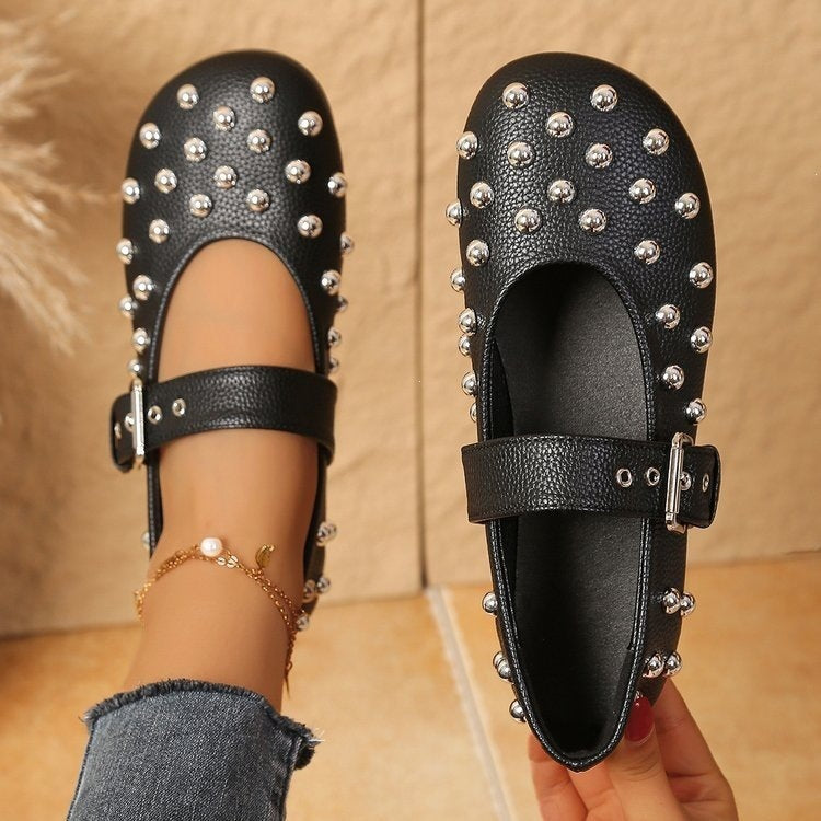 plus sizenew arrivalstudded ballet flats shoes women's retro one-piece buckle strap flats mary jane shoes wholesale
