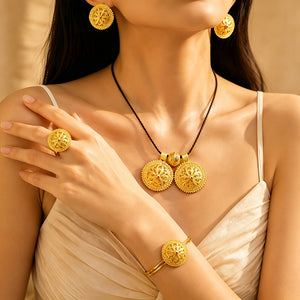 African retro sunburst disc jewelry set - middle eastern necklace, earrings, ring, and bracelet - cross-border gold plated accessories