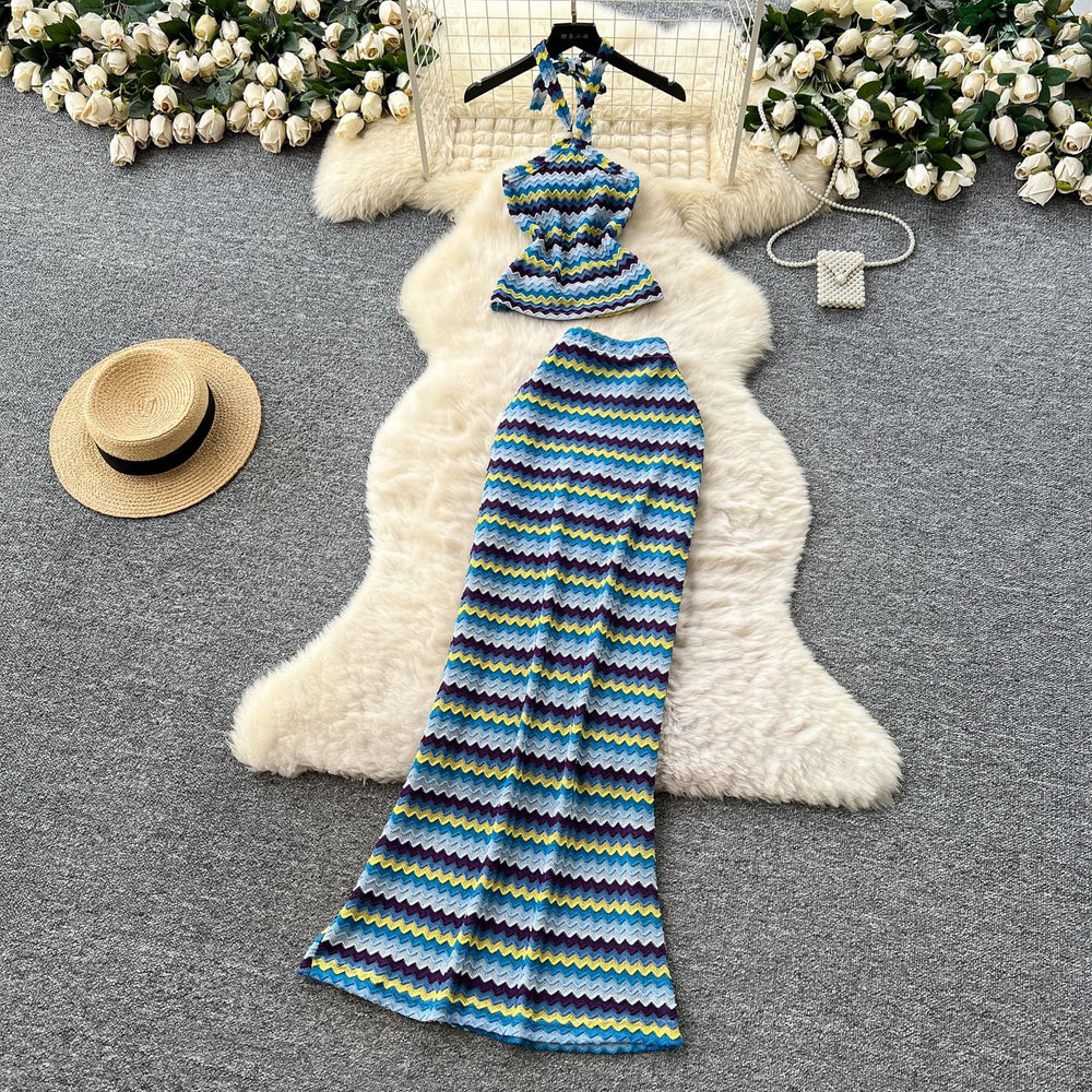 Vacation outfit: women's striped knit halter top and high-waisted bodycon midi skirt two-piece set