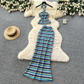 Vacation outfit: women's striped knit halter top and high-waisted bodycon midi skirt two-piece set