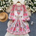 European fashion printed dress - women's court style, slimming a-line mini dress with v-neck, lantern sleeves, and pleated detailing