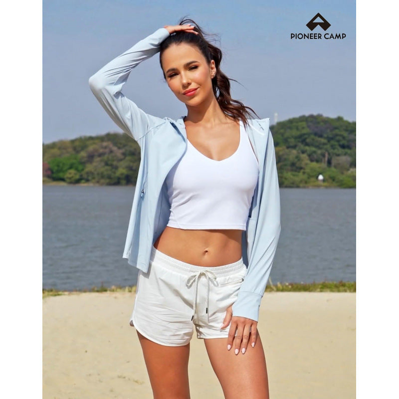 Amazon european and american zippered sun protection jacket for women,  spring new arrival, hooded cool sun protection top