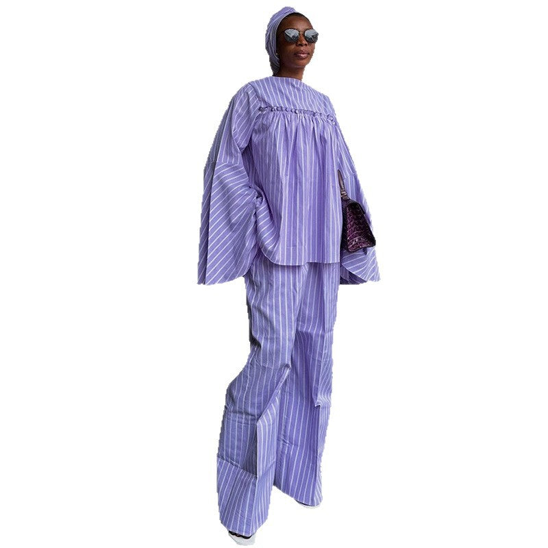 European and american cross-border women's fashion:  autumn new collection - stylish round neck, loose fit, striped long sleeve top and wide leg pants set