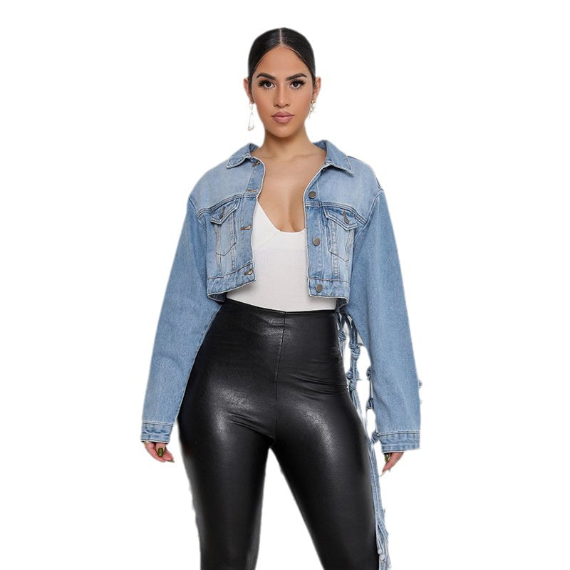 Real shot braided denim jacket for women, new hot-selling european and american style, blue washed jacket, loose denim top