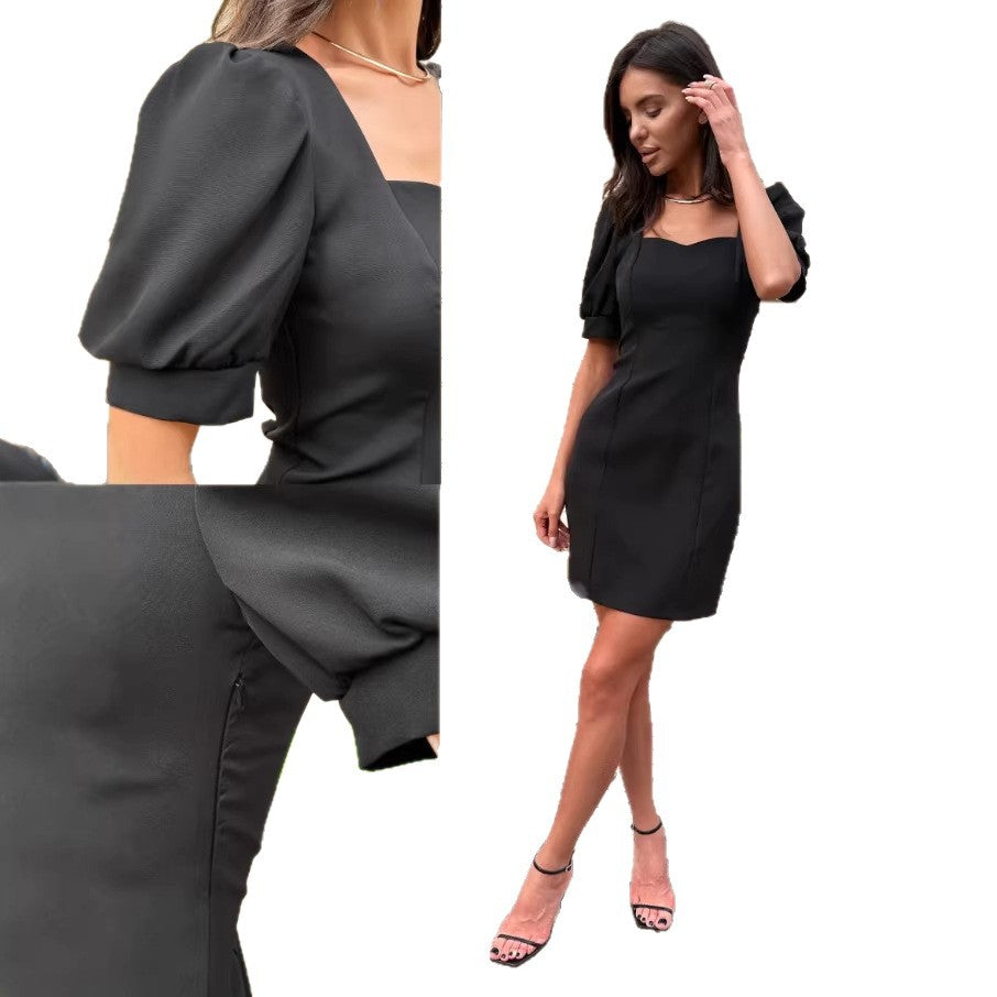 new french-style design, unique maxi dress for women - summer bubble sleeve, slimming, elegant, high slit, sexy dress