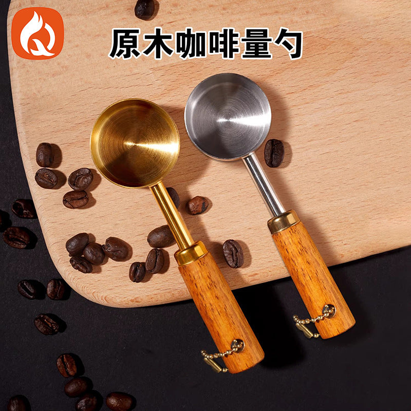 Italian wood coffee short handle measuring spoon solid wood handle stainless steel measuring spoon cross-border coffee mini spoon powder hammer