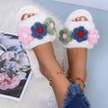 plus size women's shoes flats colorful flowers furry slippers women's open toe k-style one-piece outwear slippers trendy dropshipping