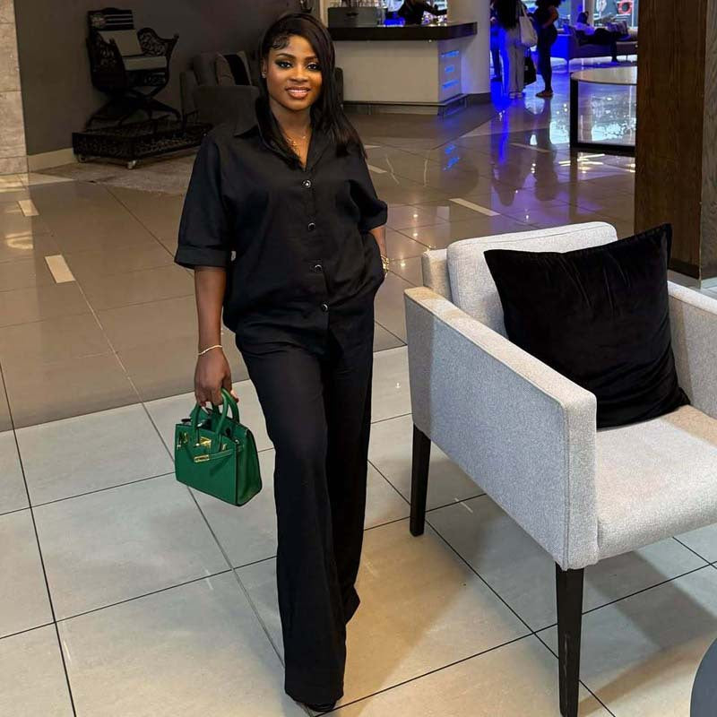 Cross-border African women's casual two-piece set, loose cardigan, versatile top, casual wide-leg trousers, cross-American suit, women