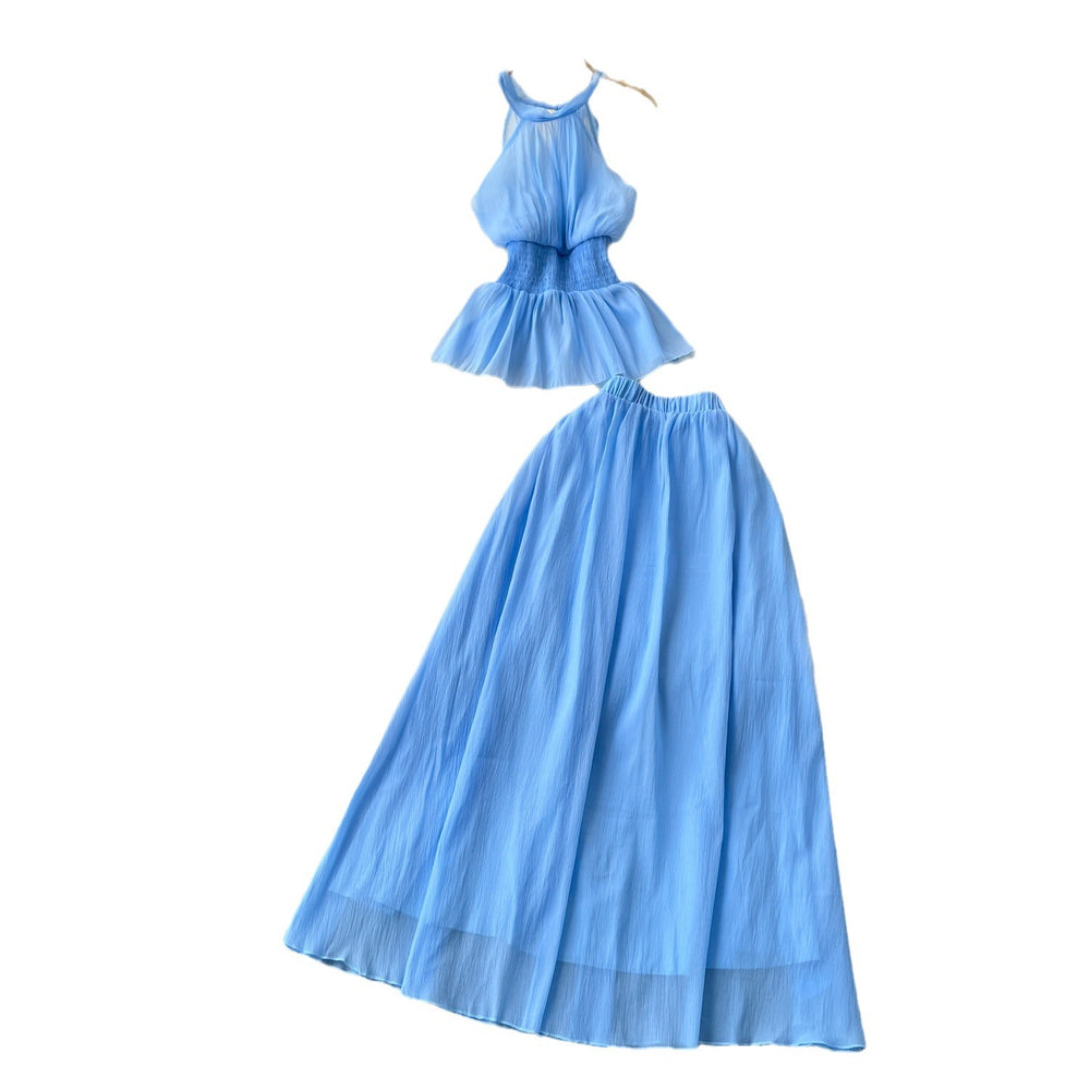 Vacation style suit women's summerfrench waist sleeveless haltertopshigh waistslimming look large swing skirt two-piece set