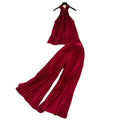 Pure desire vacation suit women's atmosphere halter strap asymmetrical pleated tops high waistloosecasual pants suit