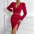 european and american cross-border new arrival: shimmering two-piece set - bubble long sleeve cropped top with ruched slit detail