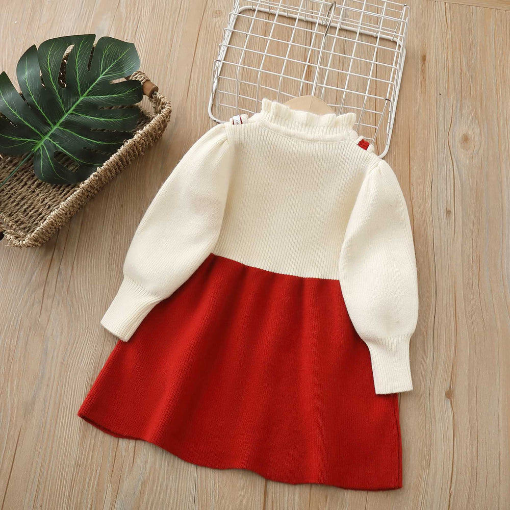 Girls' knitted bowknot dress - new  collection - baby faux two-piece princess dress - autumn/winter girls' dress