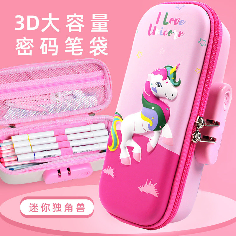 Cartoon cute password lock stationery box large capacity kindergarten Korean version pencil case small fresh girls pencil case